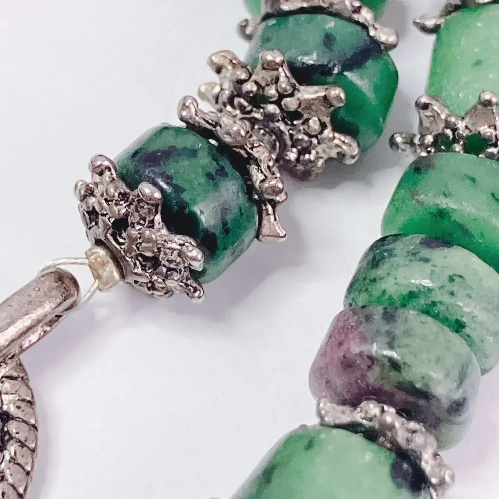 Genuine Ruby in Zoisite Green Gemstone Bead Necklace Silver Tone Artisan Choker